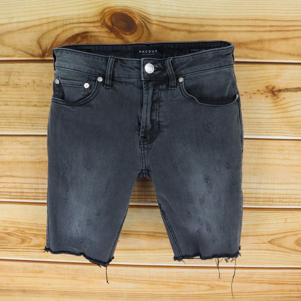PacSun Bermuda Jean Short Skinniest Cut-Off Men 30 Black Fade STRETCH Distressed